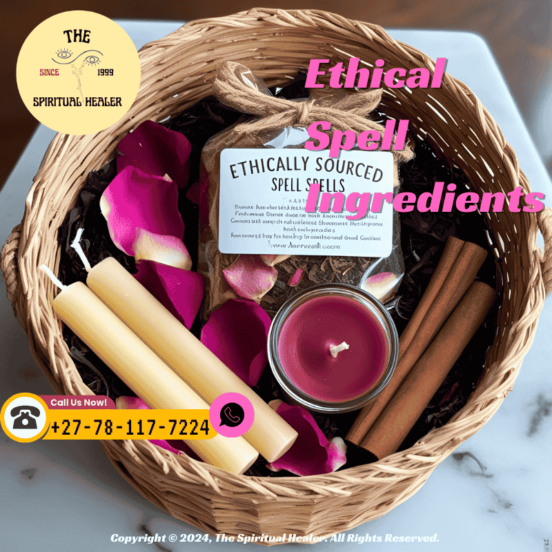 A basket filled with ethically sourced spell supplies rose petals, cinnamon sticks, and beeswax candles