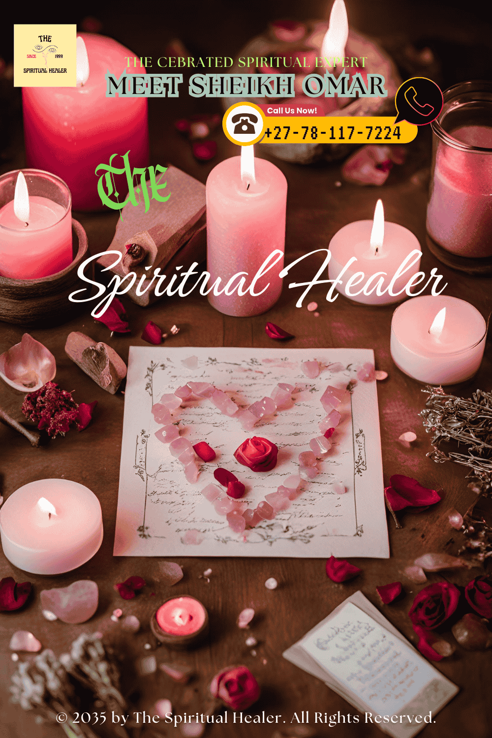 A beautifully arranged love spell kit featuring pink and red candles, rose quartz, dried herbs, and a handwritten affirmation card.