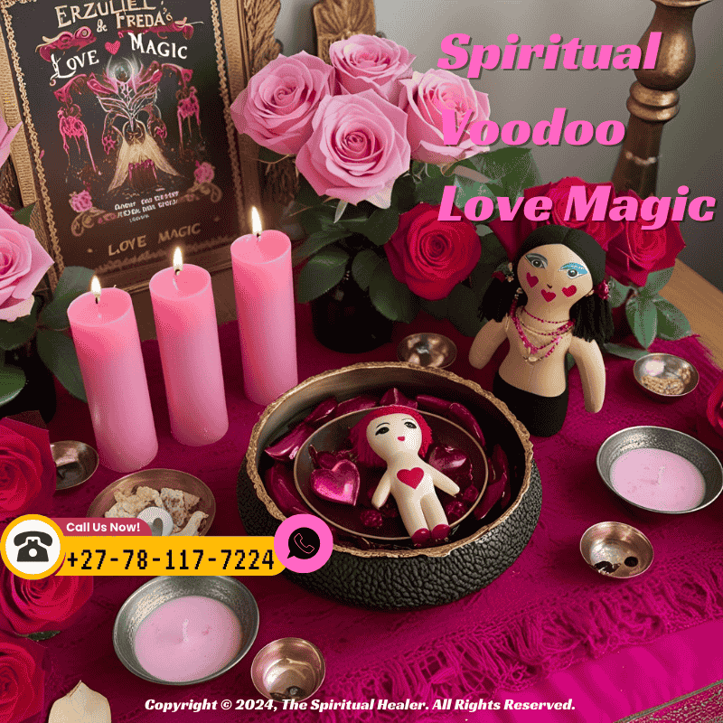 A beautifully prepared Voodoo altar with pink candles, roses, a love doll, and offering dishes, representing a sacred space for Erzulie Freda’s love magic ritual.