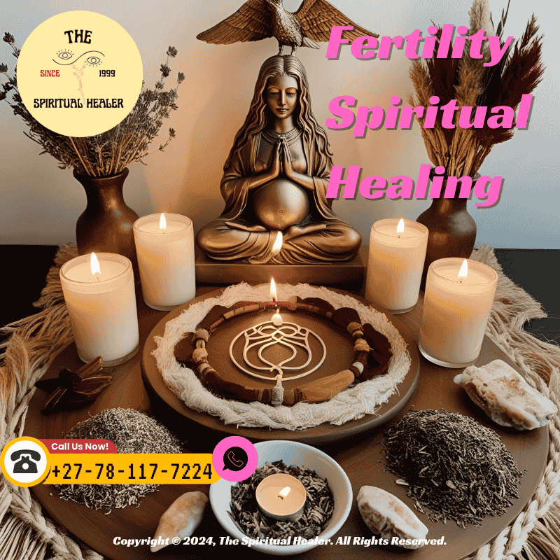 A candle-lit altar with fertility herbs, a womb symbol, and ancestral offerings, representing sacred rituals in spiritual fertility support