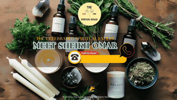 A flat-lay of organic herbs, crystals, and handmade candles labeled with their ethical sources