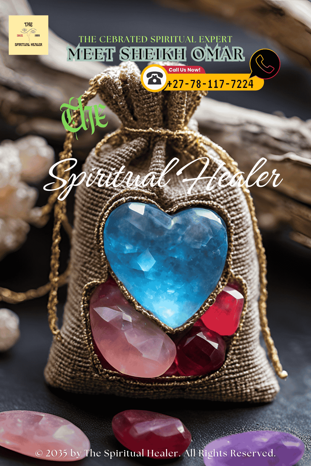 A glowing love charm made with crystals, herbs, and a small pouch, symbolizing attraction and reconciliation.