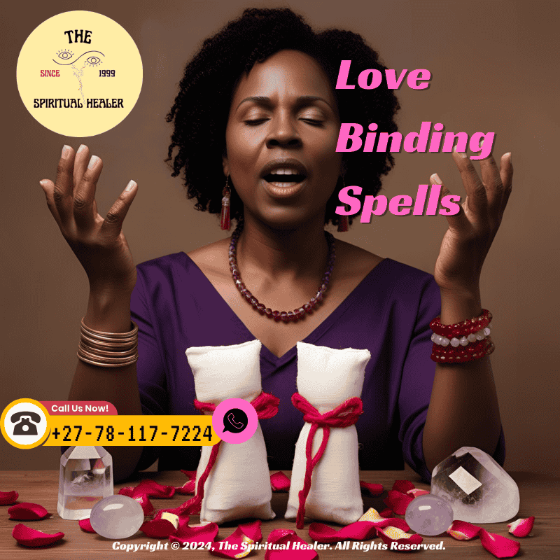 A healer chanting over a pair of tied poppets surrounded by rose petals and crystals
