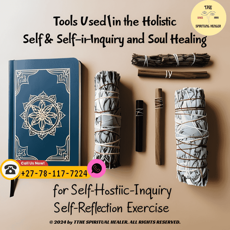 A journal, sage bundle, and meditation tools arranged for a self-reflection exercise, illustrating tools used in holistic self-inquiry and soul healing. (1)