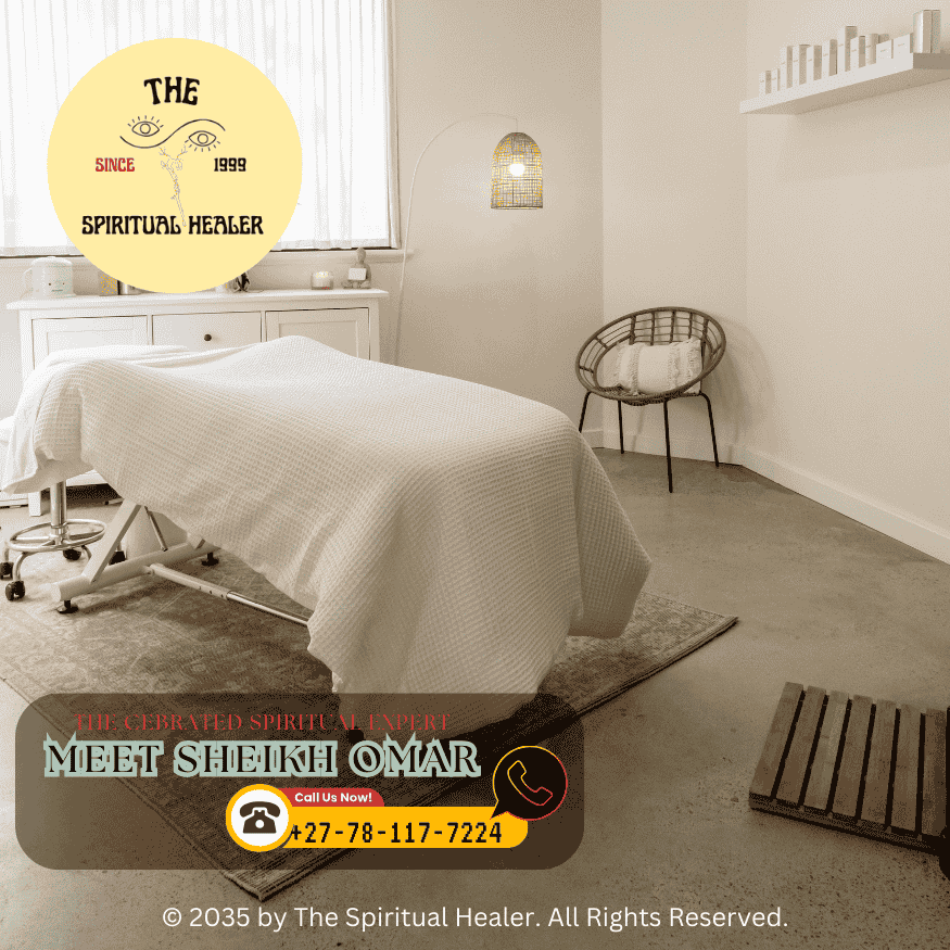 3️⃣ A peaceful room with a massage table, incense, and aura-cleansing tools prepared for couples’ energy work, illustrating a sacred space for relational healing.