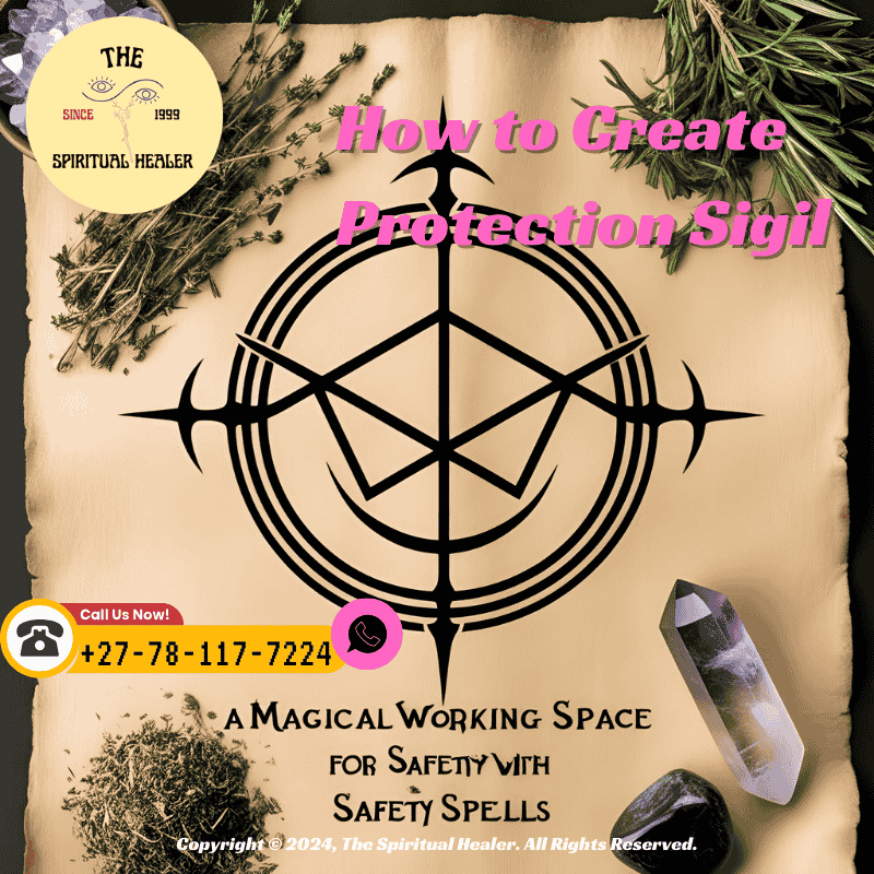 A protective sigil drawn in black ink on parchment with herbs and crystals beside it, symbolizing a magical working space for safety spells.