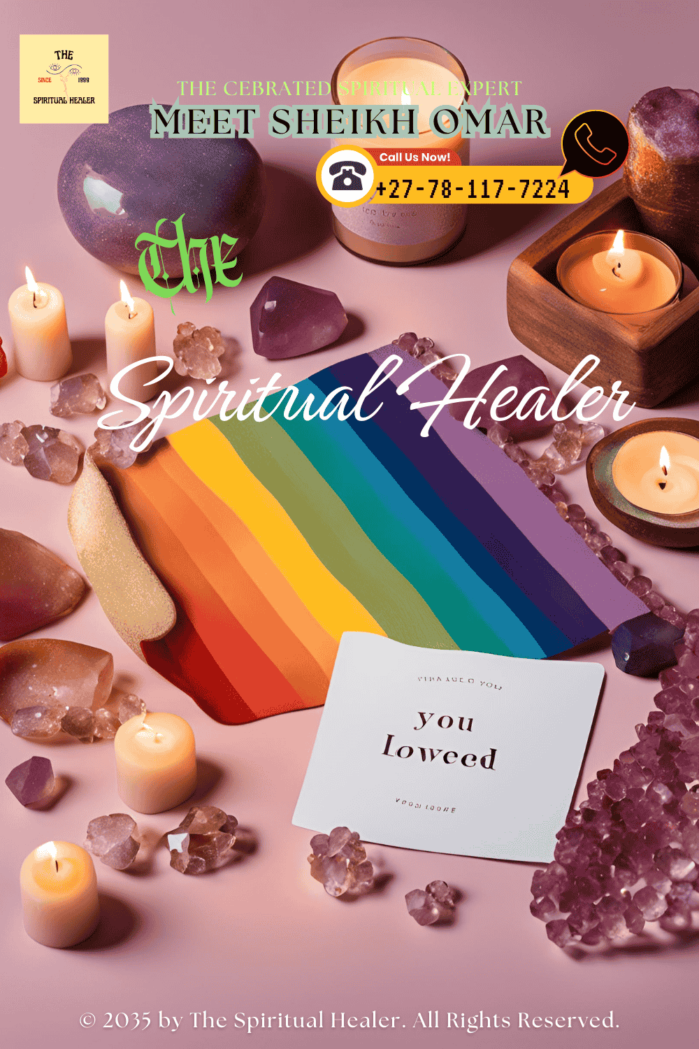 A rainbow-colored meditation setup with crystals, candles, and an affirmation card that reads ‘You are loved.