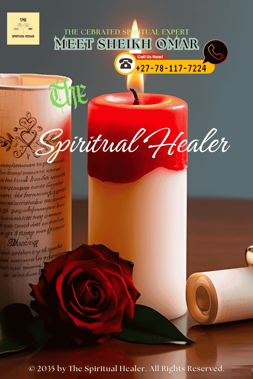 A red and white candle burning beside wedding rings and a marriage blessing scroll (2)
