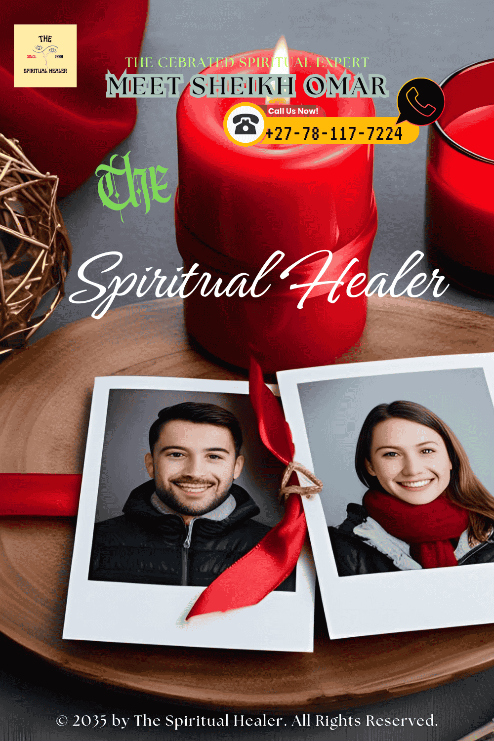 A red candle and two photos bound together with a silk ribbon during a love spell ritual (2)