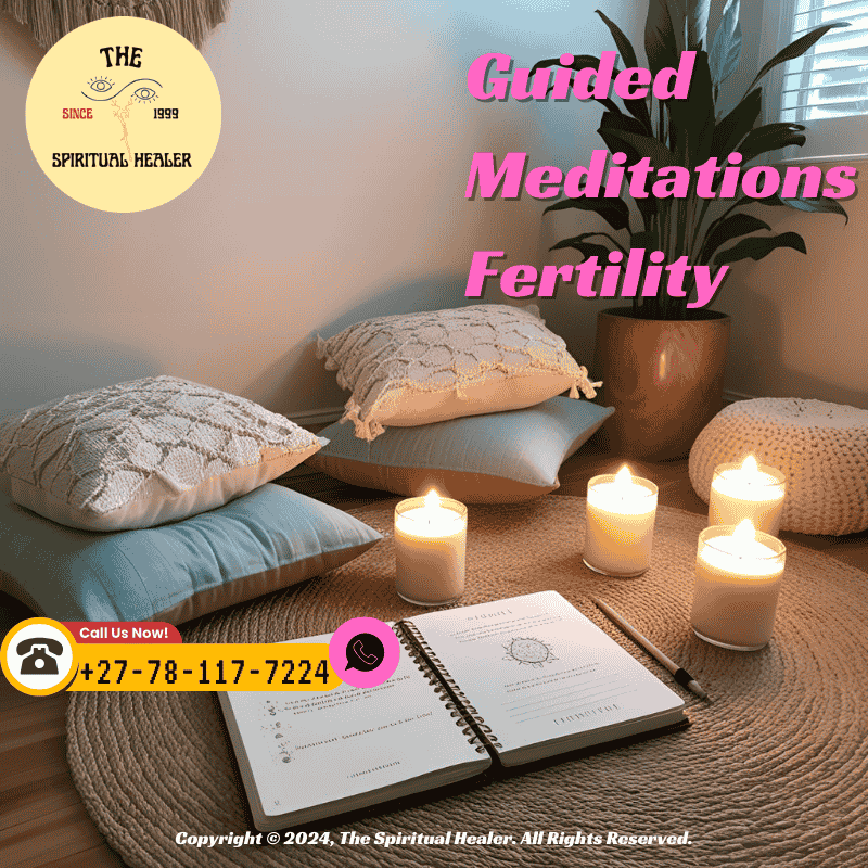 A soft-lit room with meditation cushions, candles, and a journal for intention setting, representing a sacred space for fertility rituals.