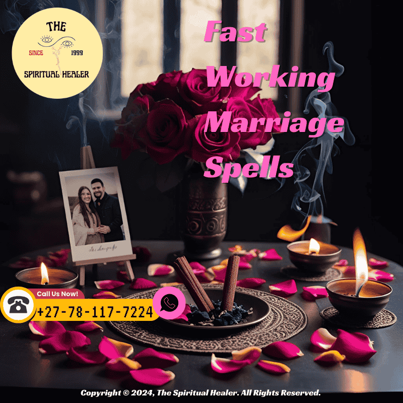 A spiritual altar with rose petals, incense, and a photo of a couple used in spellwork