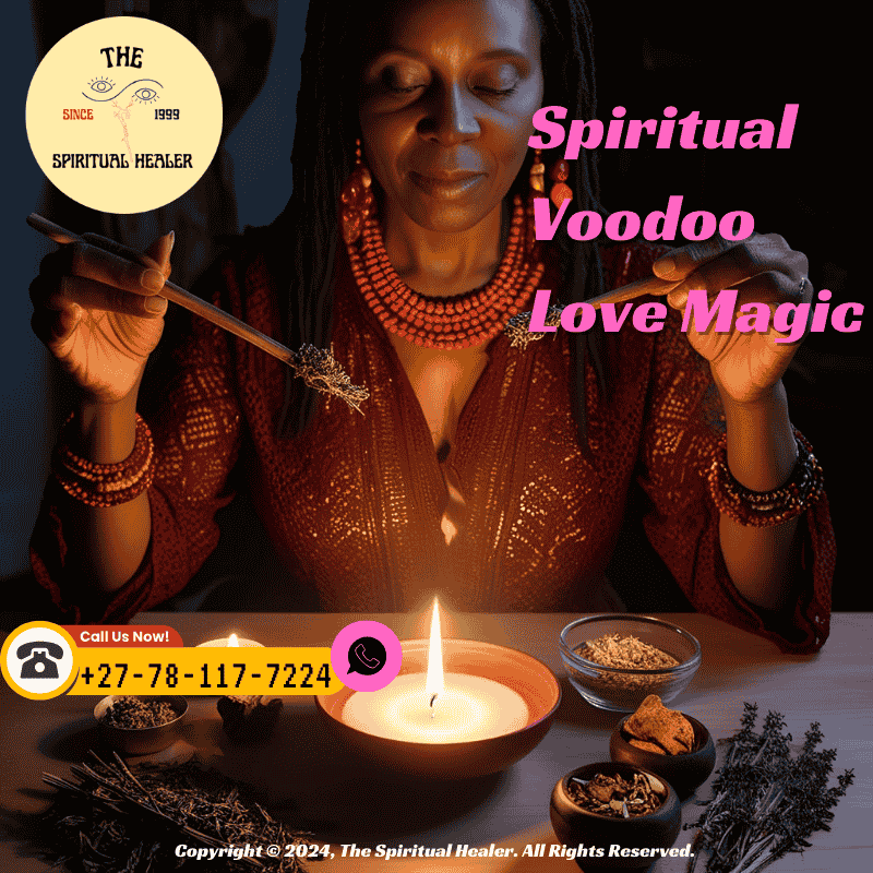 A spiritual healer performing a Voodoo love spell under candlelight with sacred herbs, capturing a moment of focused intention and ancestral invocation.