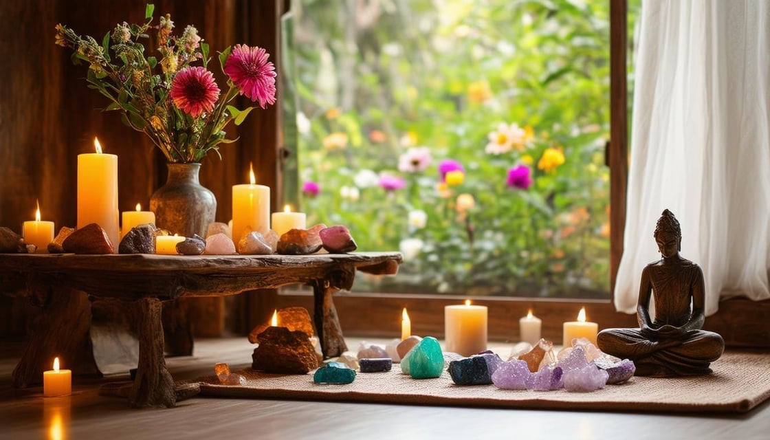 A serene healing room bathed in soft, warm light, adorned with flickering candles and an array of colorful crystals scattered across a wooden table-1
