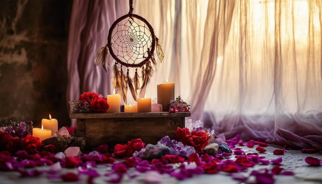 The image depicts a serene, candlelit room adorned with soft, flowing fabrics in deep reds and purples, evoking a romantic ambiance