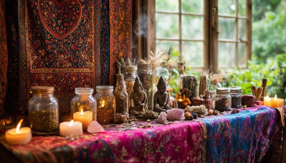 The image features a serene, softly lit room adorned with various spiritual artifacts