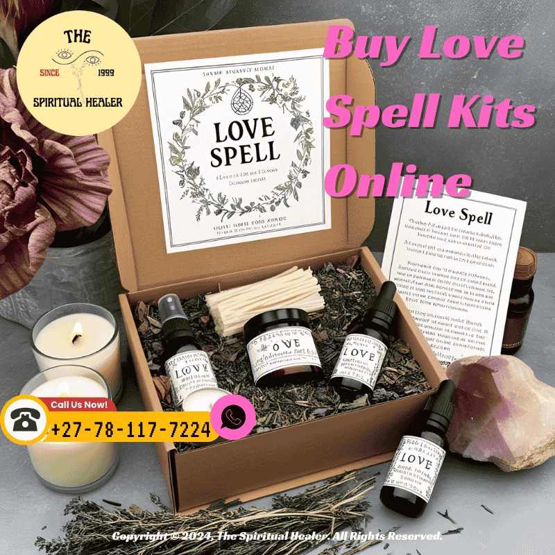 A beautifully packaged love spell kit featuring herbs, candles, oils, and a printed ritual guide