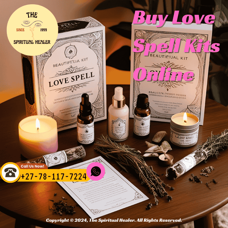 A beautifully packaged love spell kit featuring herbs, candles, oils, and a printed ritual guide