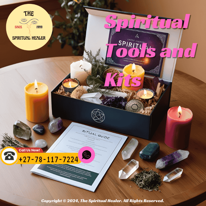 A boxed spiritual kit including candles, herbs, crystals, and a printed ritual guide