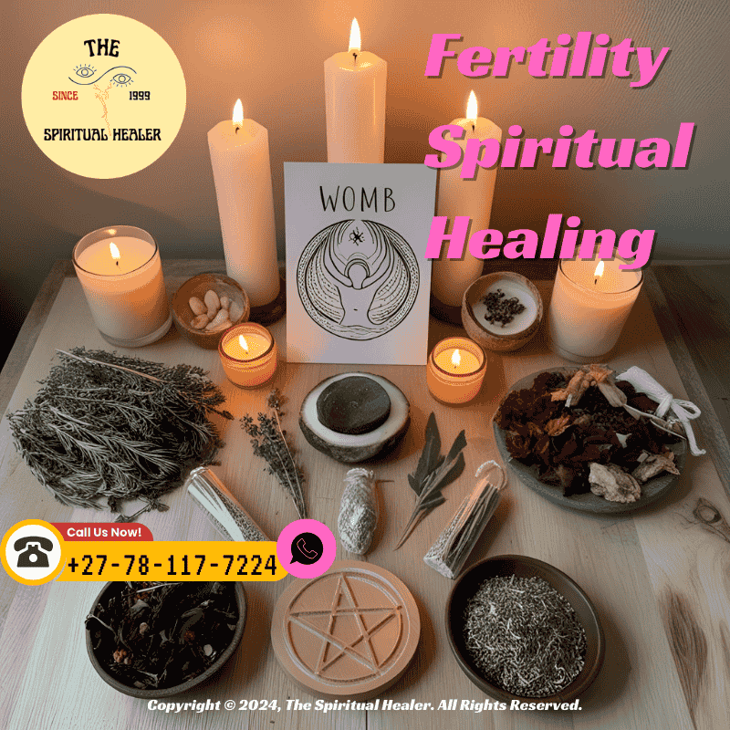 A candle-lit altar with fertility herbs, a womb symbol, and ancestral offerings