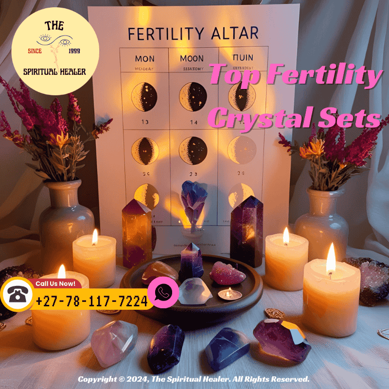 A fertility altar setup with crystals, candles, and a moon phase chart (1)