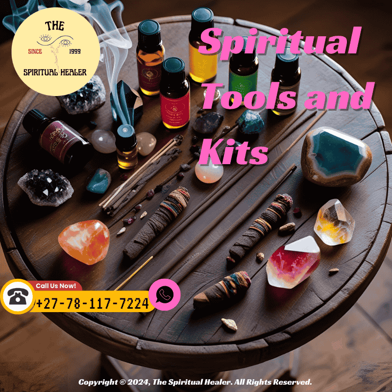A flat-lay of spiritual tools on a wooden altar table with incense and oil bottles