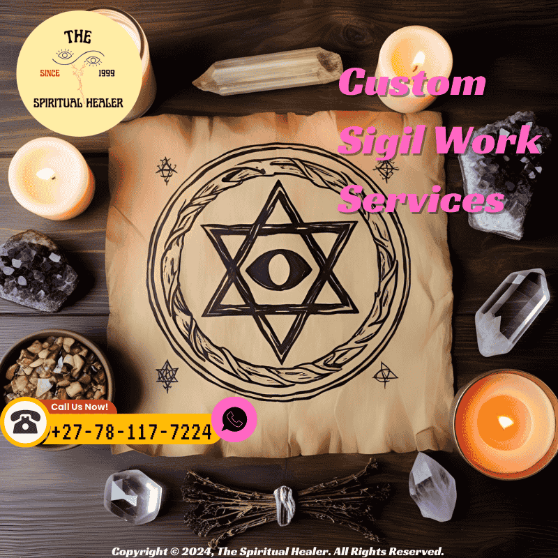 A hand-drawn custom sigil on parchment with ritual candles and crystals surrounding it
