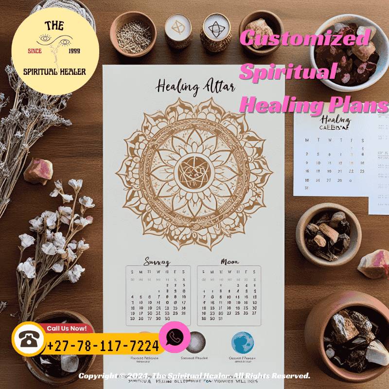 A healing altar with a printed plan, sacred symbols, and moon calendar