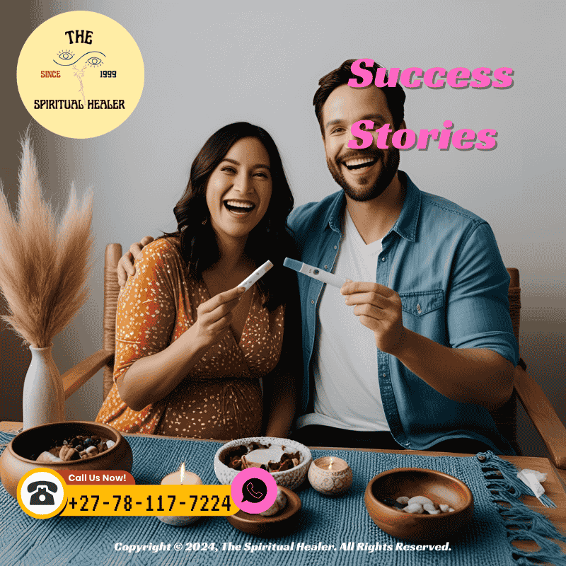A joyful couple holding a pregnancy test and smiling at a spiritual altar