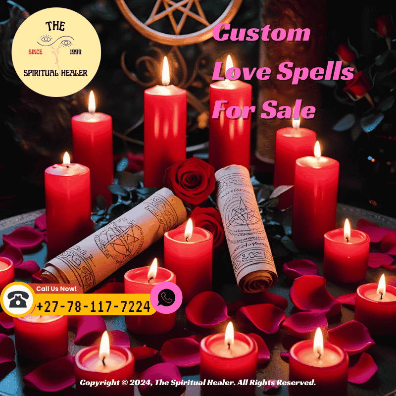 A spiritual altar prepared with red candles, rose petals, and custom spell scrolls
