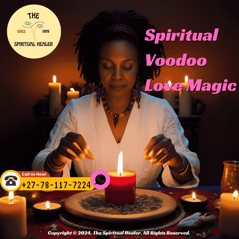 A spiritual healer performing a Voodoo love spell under candlelight with sacred herbs, capturing a moment of focused intention and ancestral invocation. (2)