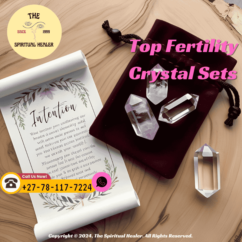 A velvet pouch containing polished fertility crystals and an intention scroll