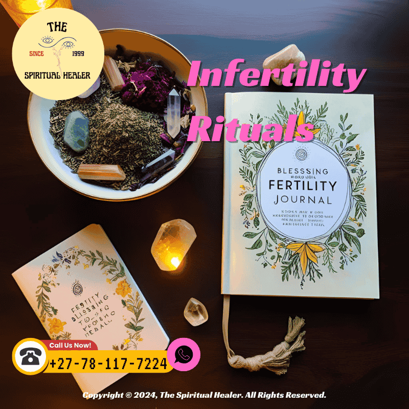 A bowl of herbs and crystals next to a fertility journal