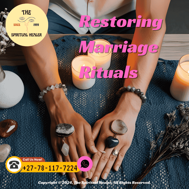 Couple holding hands with healing crystals and candles