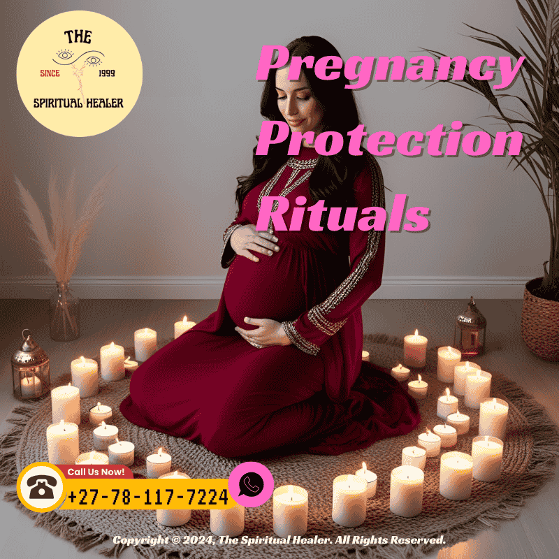 A pregnant woman surrounded by candles in a protective circle