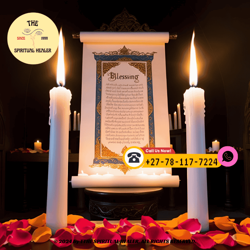 Sacred altar with two white candles, rose petals, and a blessing scroll