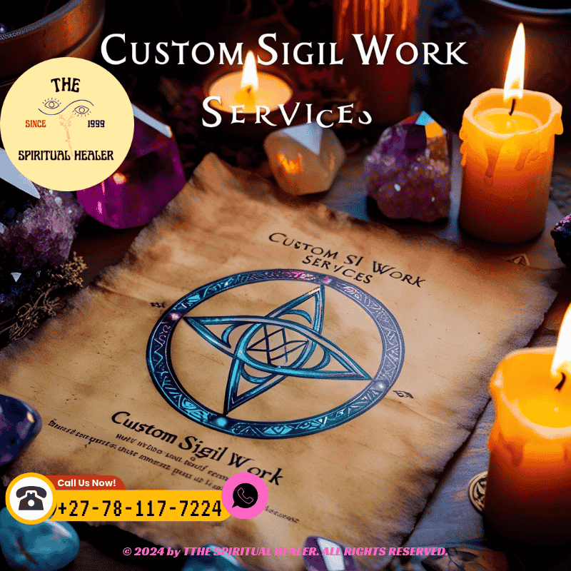 custom sigil work services with parchment, crystals, candles, and glowing energy