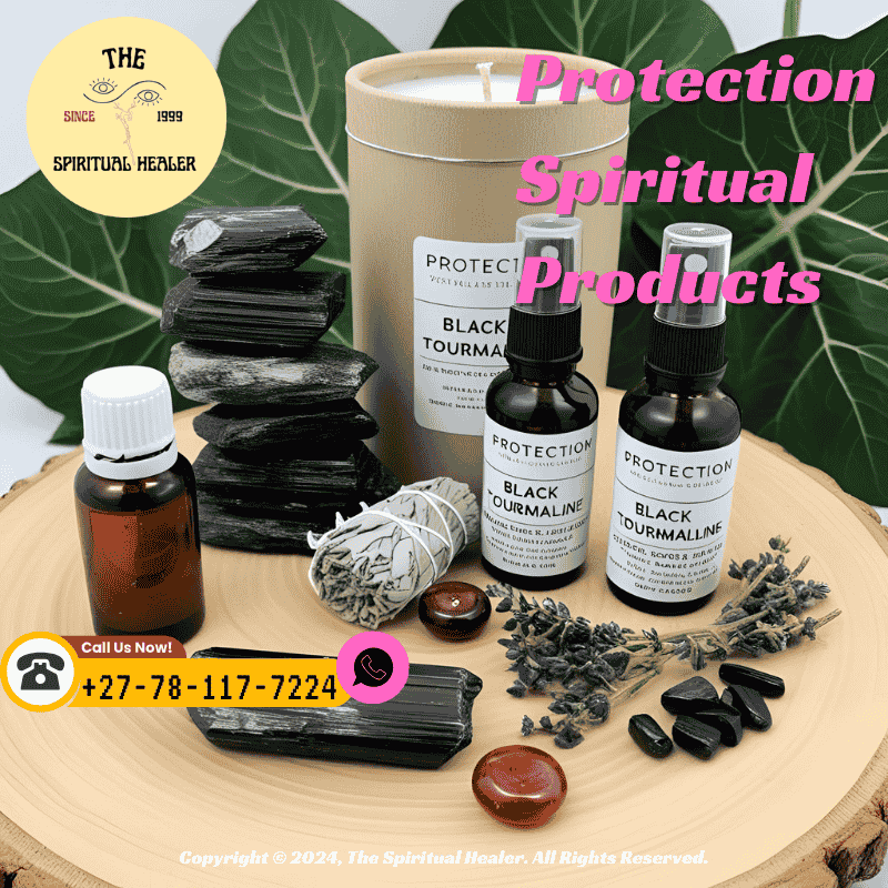A set of spiritual protection items including black tourmaline, white sage, and a protection oil bottle